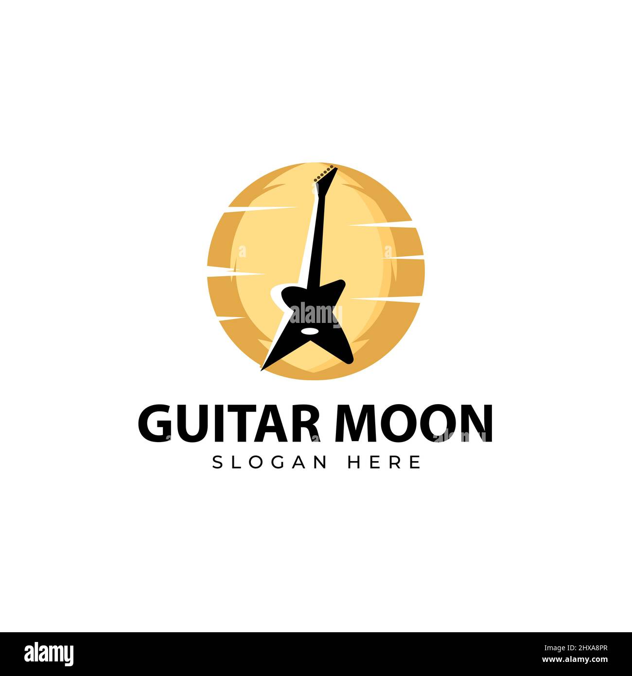 Gitarre geformtes Plektrum-Logo E-Gitarre Logo gelber Kreis Symbol Musik Shop Design Element Vorlage Stock Vektor