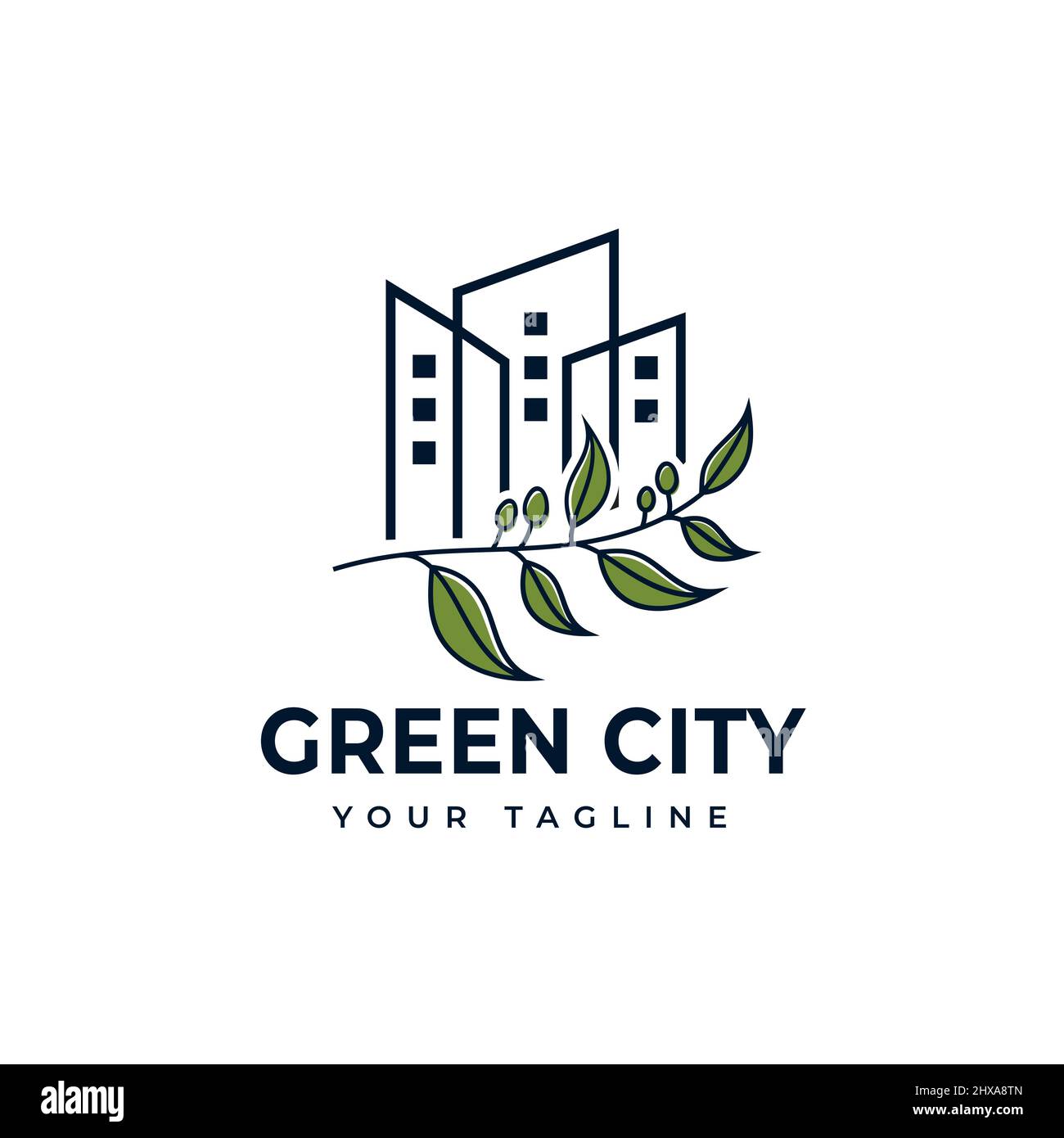 Line Art Stadtdesign-Logo, umweltfreundliches Hochhaus. Stock Vektor
