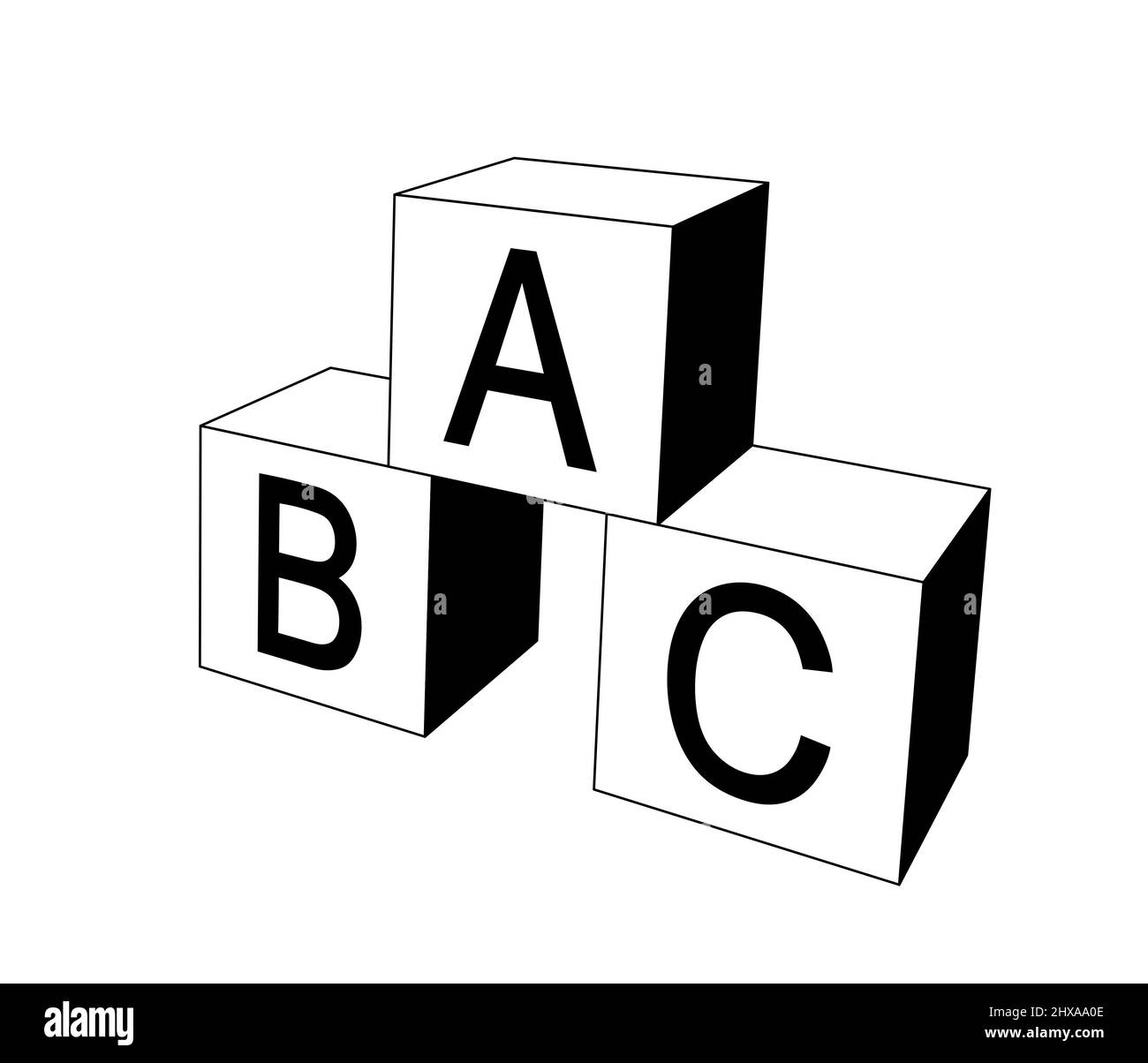 abc Alphabet Buchstaben Blöcke, 3D schwarz-weiße Blöcke für Kinder. Perspektivische Ansicht Illustration isoliert auf weißem Hintergrund Stockfoto