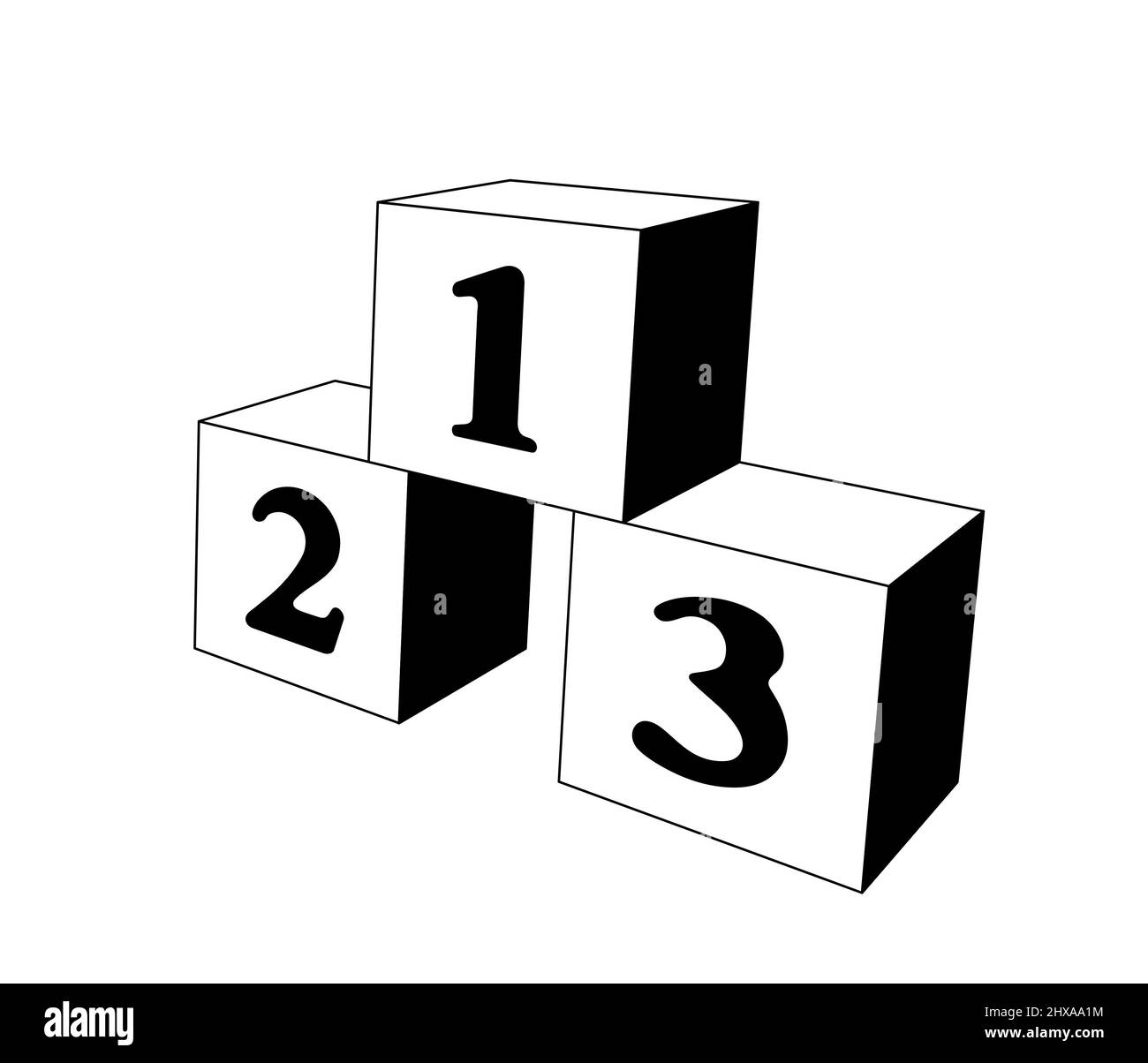 123 mathematische Zahlenblöcke, 3D einfache schwarz-weiße Blöcke für Kinder. Perspektivische Darstellung isoliert auf weißem Hintergrund Stockfoto