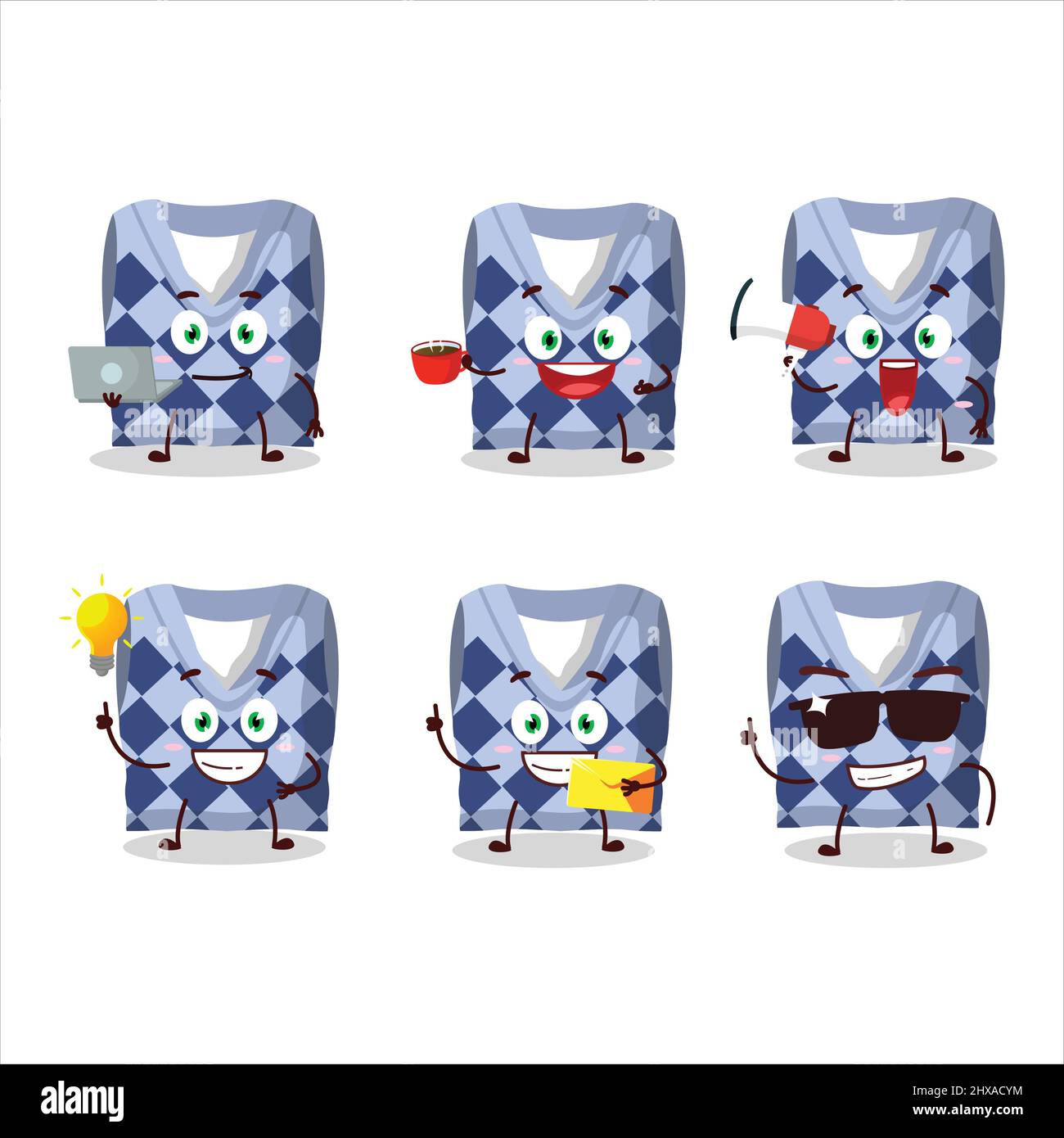 Blaue Schulweste Zeichentrickfigur mit verschiedenen Arten von Business-Emoticons. Vektorgrafik Stock Vektor