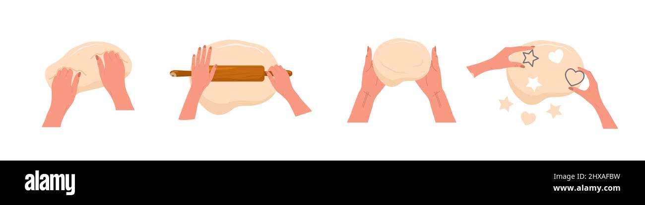 Kneten der Teighände. Frau rollt hausgemachten Teig mit Nudelholz. Draufsicht. Kochschule. Bleiben Sie zu Hause und kochen gesunde Lebensmittel nach Rezept. Vektor Stock Vektor