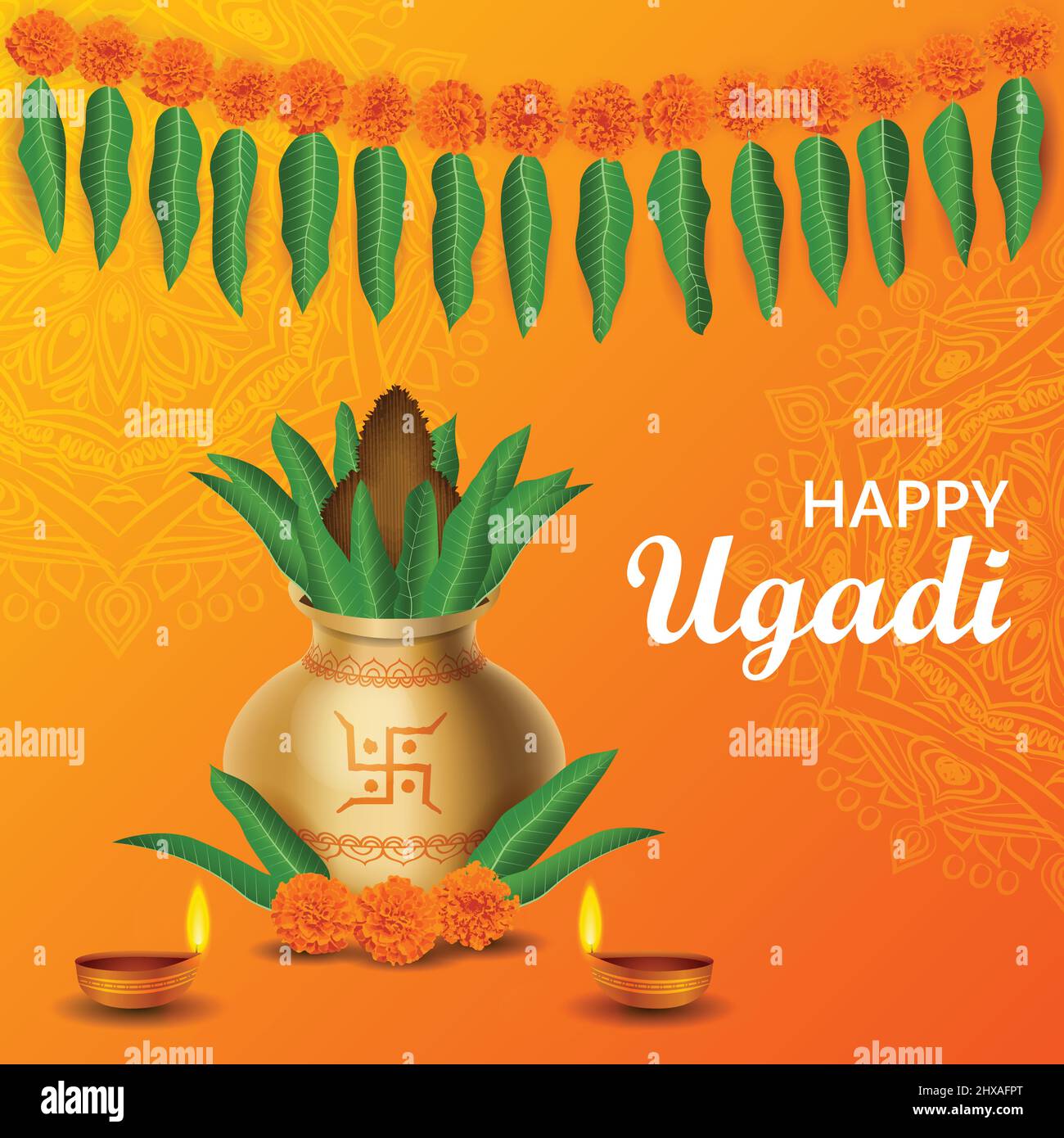 Happy Ugadi Poster Vektorgrafik. Ringelblumen und Mango-Blätter. Traditionelles indisches Fest mit Mandala und Dekoration Stock Vektor