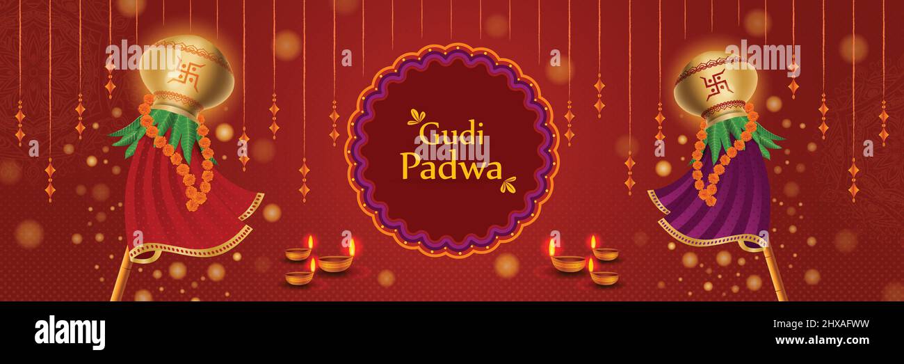 Happy Gudi Padwa Bunte Horizontale Website Header Vektor Illustration. Hinduistisches Neujahrsfest Banner mit Dekoration, Mandala, Rangoli, Typografie Stock Vektor