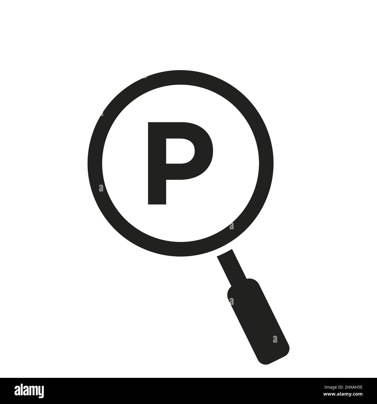 Logo auf Vektor-Vorlage mit Buchstabe P suchen. Vergrößerungsglas auf dem Buchstaben-P-Logo-Design. Zoom, Find, Seo Sign Konzept Stock Vektor
