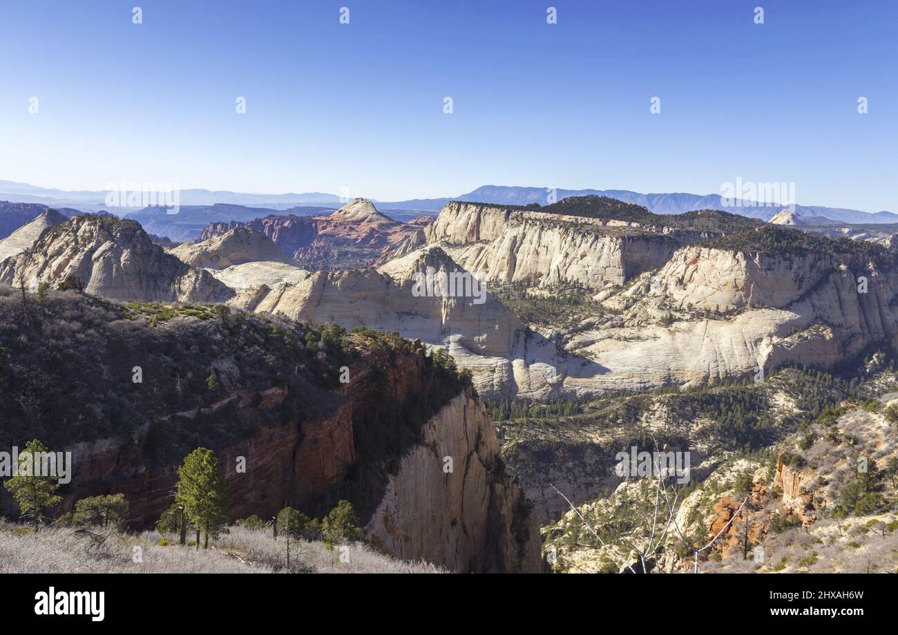 Malerische Luftlandschaftsansicht der Red Rock Canyon Cliffs am Westrand-Wanderweg auf dem Horse Pasture Plateau im Zion National Park, Utah, USA Stockfoto
