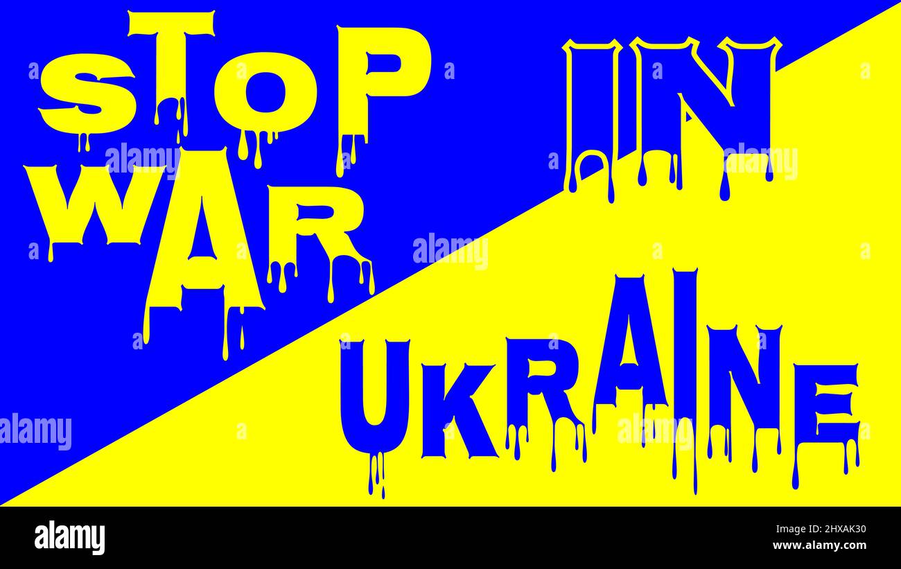 Stop war Text mit ukraine Flagge blau gelb Stock Vektor