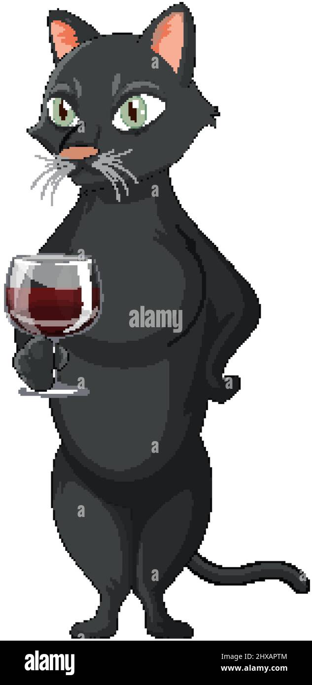 Eine Katze steht und trinkt Wein auf weißem Hintergrund Illustration Stock Vektor
