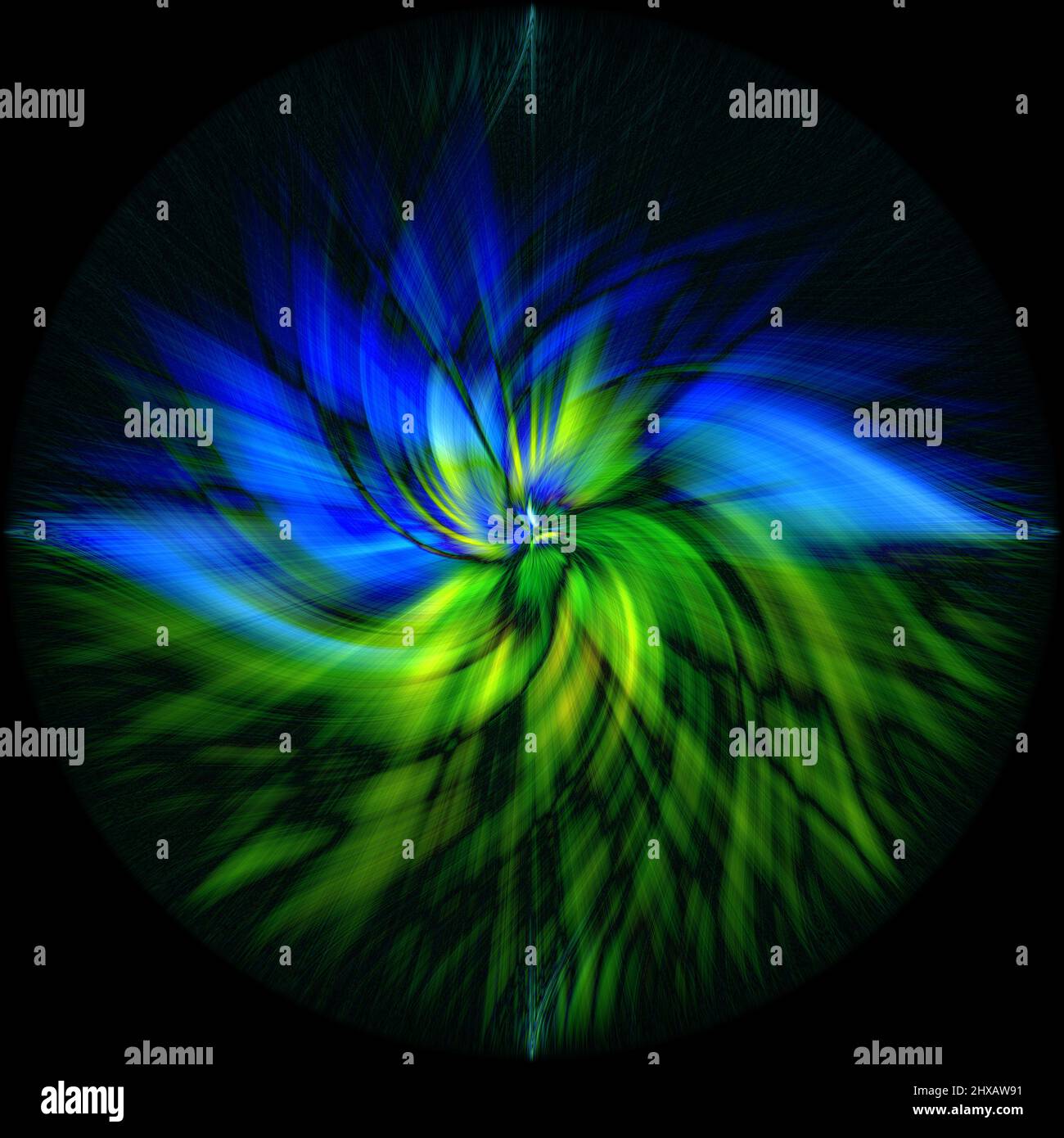 Eine 3D Darstellung eines abstrakten blauen und grünen Spiralhintergrunds Stockfoto
