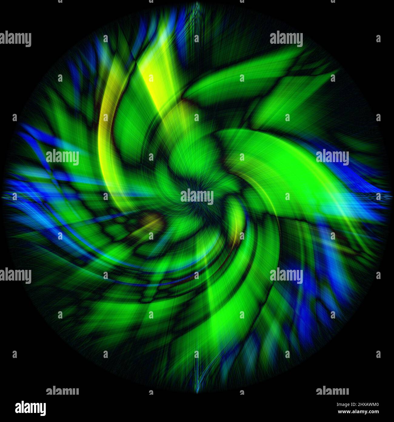 Eine 3D-Darstellung einer abstrakten, hellgrünen und blauen Spirale, isoliert auf schwarzem Hintergrund Stockfoto