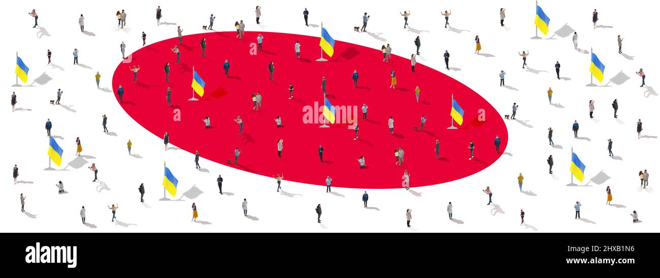 Collage mit Porträts von Menschen, die sich zusammengeschlossen haben, um die Ukraine zu unterstützen, isoliert auf der Flagge Japans Stockfoto