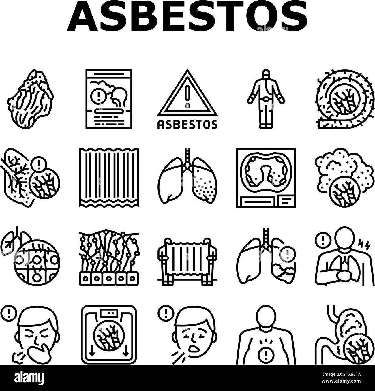 Asbestmaterial Und Problemsymbole Setzen Vektor. Asbest Removal Service Und Schutz, Lunge Und Bauchschmerzen Mesothelioma Health Disease, Schmerzhaft Stock Vektor