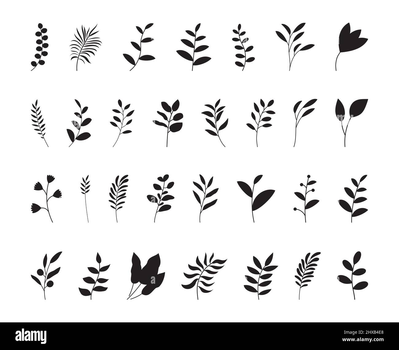 Set mit Blattsilhouette. Handgezeichnet mit Blättern und Blumen auf weißem Hintergrund. Stock Vektor