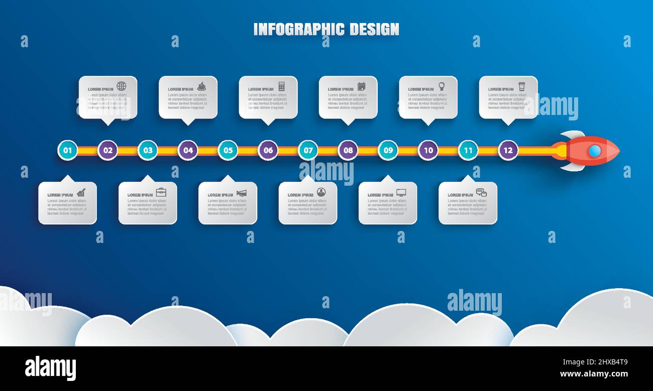 Infografiken zum Start mit der Datenvorlage 12. Vektor-Illustration abstrakte Rakete Papierkunst auf blauem Hintergrund. Kann für Planung, Strategie und Arbeit verwendet werden Stock Vektor