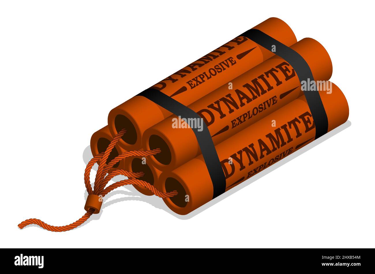 Isometrischer Zylinderhaufen mit Dynamit. Sprengstoffe für den Bergbau. Realistischer 3D-Vektor isoliert auf weißem Hintergrund Stock Vektor
