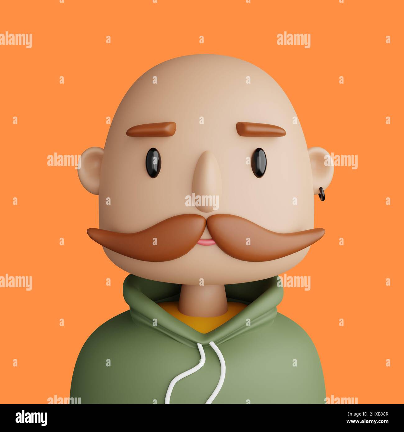 3D Illustration eines lächelnden, kahlköpfigen kaukasischen Mannes. Cartoon Nahaufnahme Porträt von stehenden kaukasischen Mann auf einem orangen Hintergrund. 3D Avatar für ui ux. Stockfoto