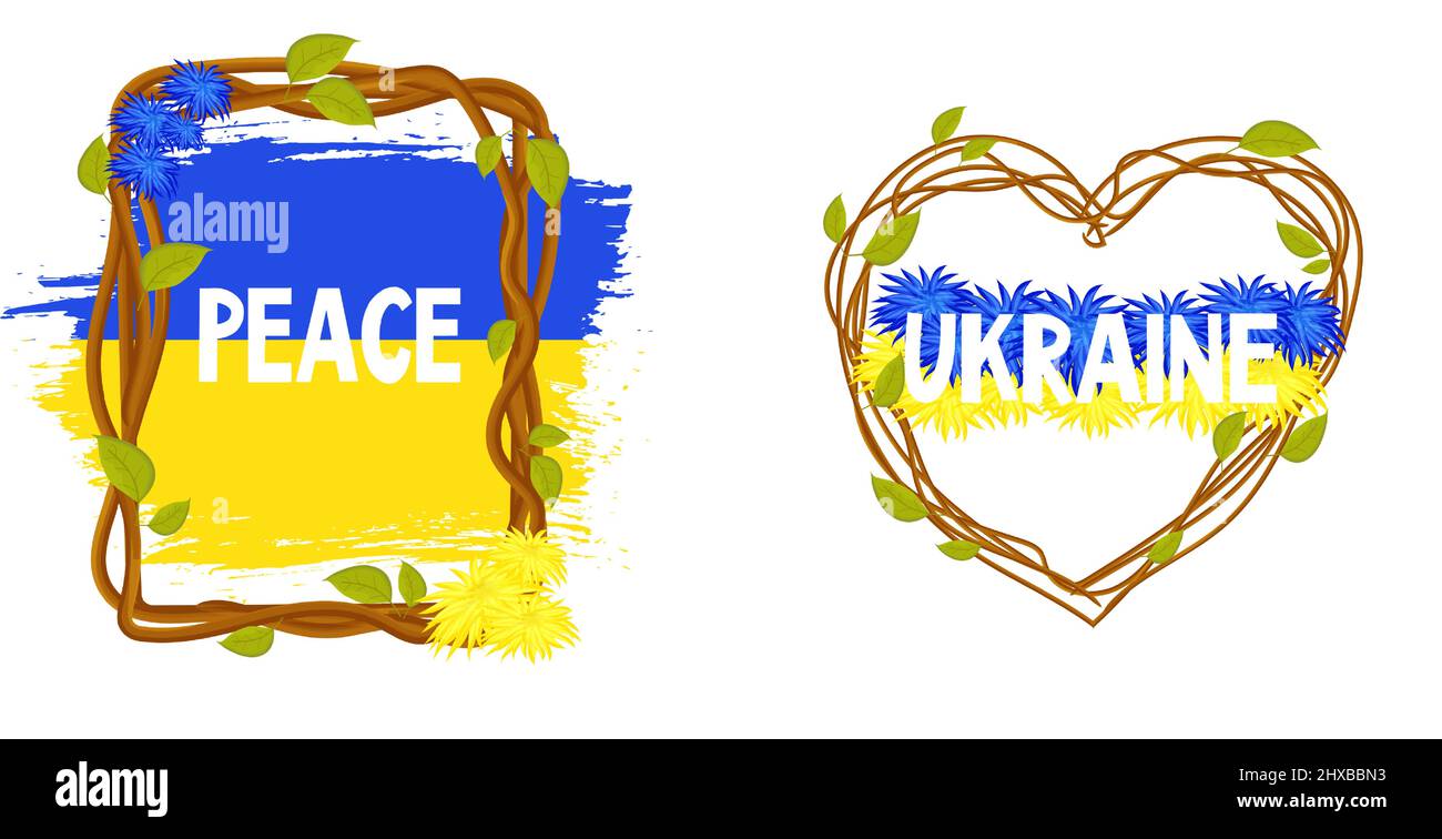 Ukrainische Flagge, Nationalflagge aus Blumen Text Ukraine mit zwei Farben blau und gelb Herzform aus Stäben mit Blättern im Cartoon-Stil. Elemente für das Design. . Vektorgrafik Stock Vektor
