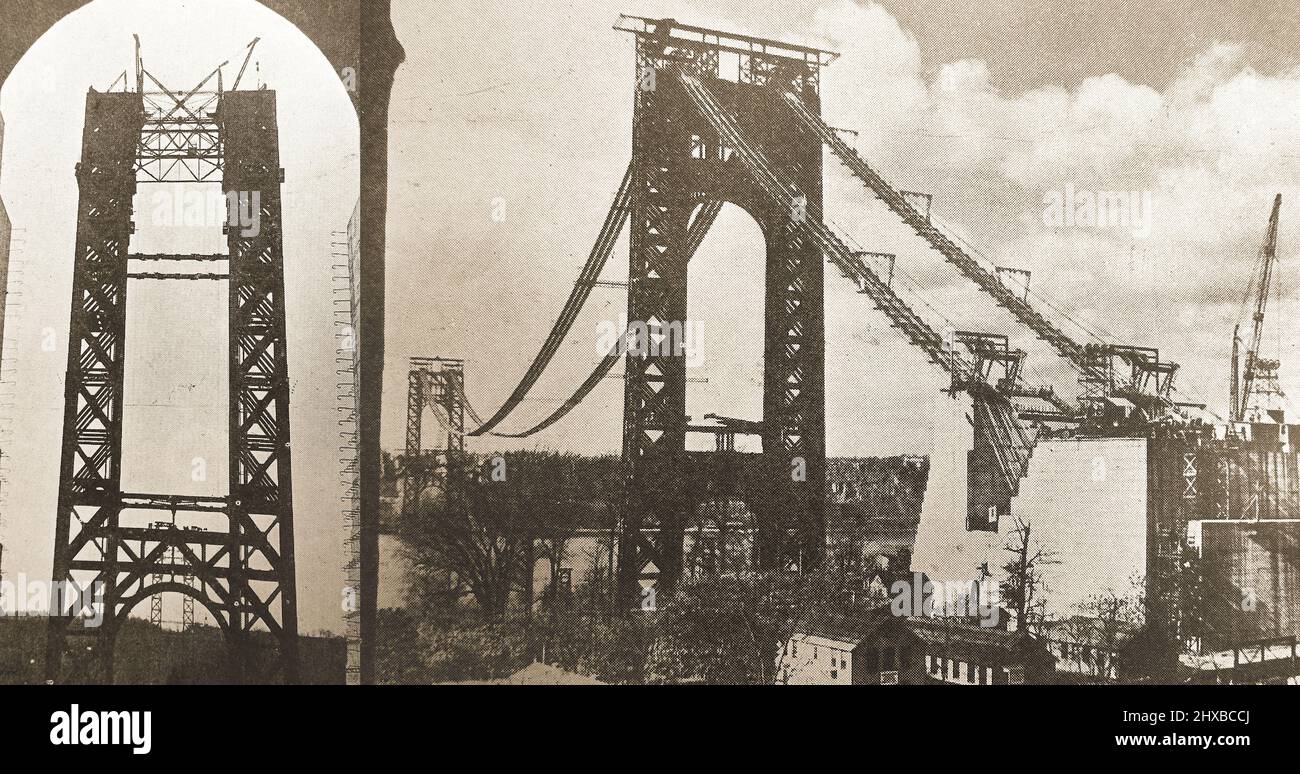 Die George Washington Bridge (eröffnet 1931), die während der Bauarbeiten informell als Hudson River Bridge bekannt war, zeigt Fotos von den Kabeln, die vor und nach dem Bau aufgestellt wurden. Stockfoto