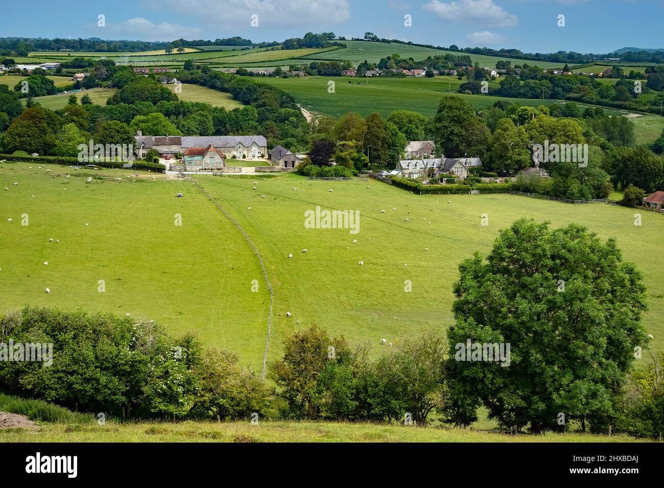 Blick nach Westen melbury in dorset england vom Gipfel des ausgebreiteten Adlerhügels. Stockfoto