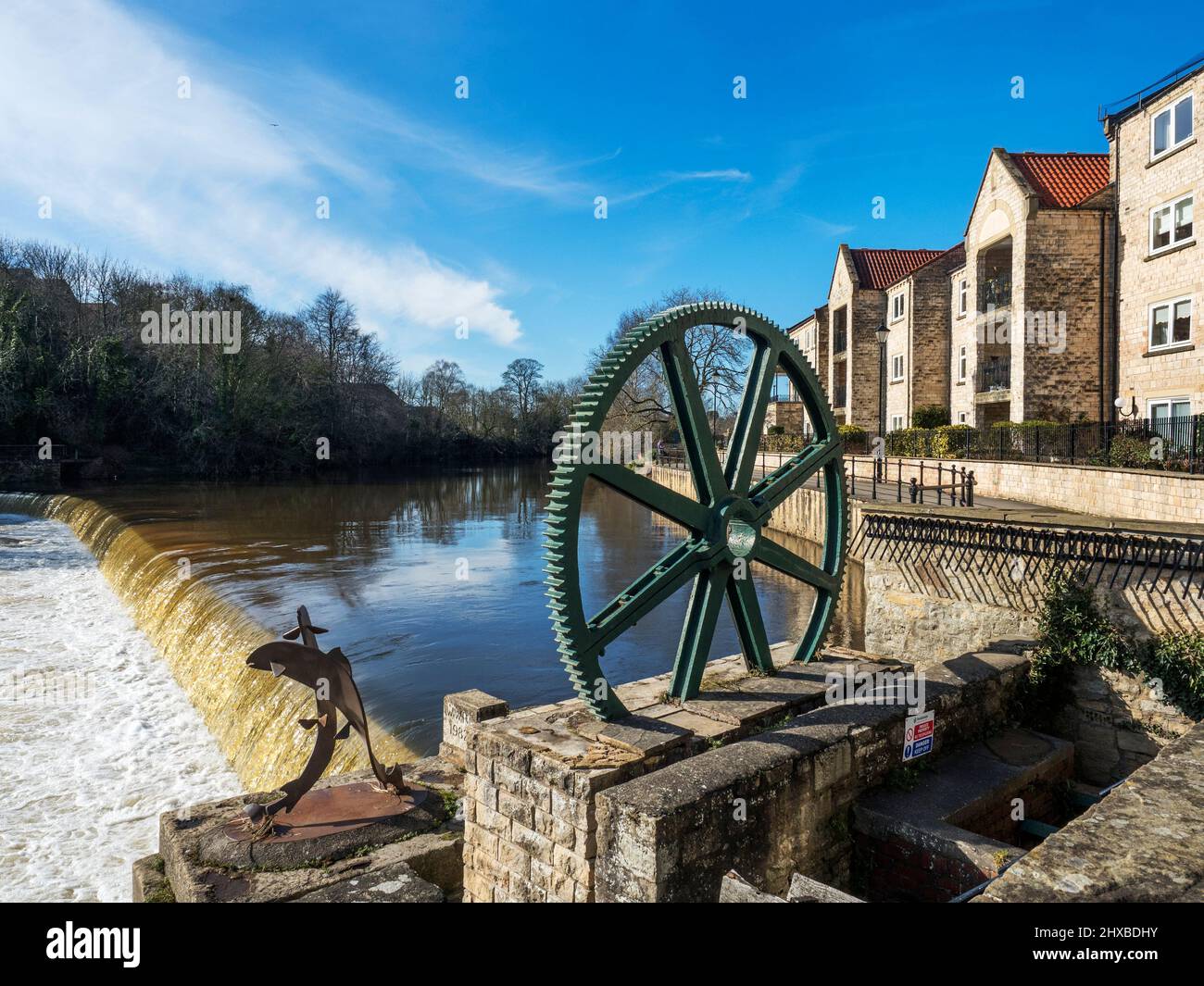 Riverside und Wehr am Fluss Wharfe mit Lachsbildhauerei von Michael Liesener in Wetherby West Yorkshire England Stockfoto