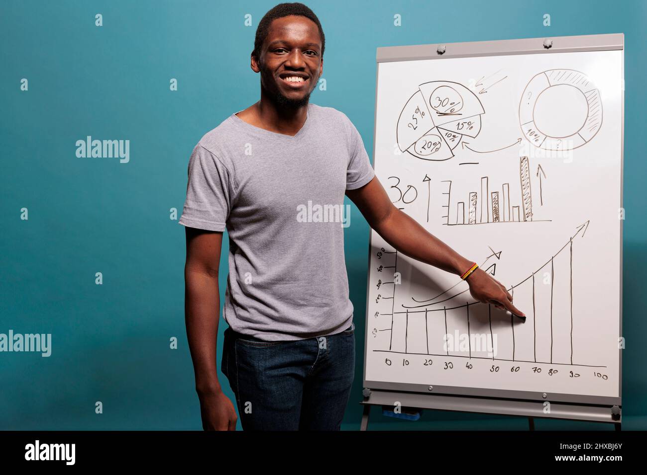 Junger Geschäftsmann, der finanzielle Präsentationen auf dem Whiteboard macht und Diagramme und Statistiken verwendet, um den Wirtschaftsbericht im Studio zu erklären. Selbstbewusste Person, die Plakat verwendet, um das Marketing-Wachstum zu planen. Stockfoto