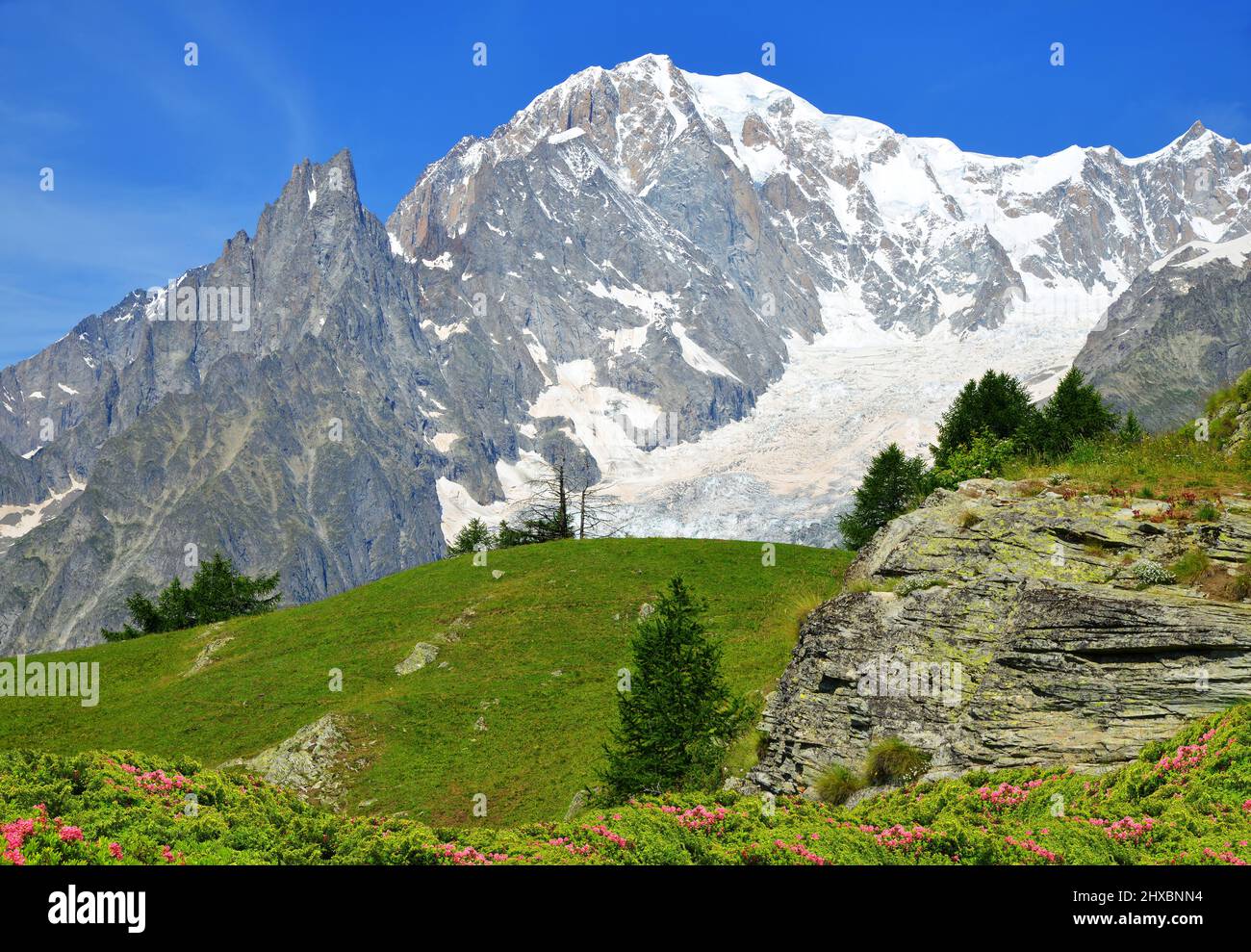 Blick auf die Bergkette des Mont Blanc ( Monte Bianco ) an sonnigen Tagen. Aostatal, Italien. Stockfoto