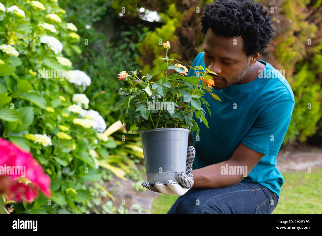 afroamerikanischer Mann mit Gartenhandschuhen, die Blumen riechen, während er im Garten arbeitet Stockfoto