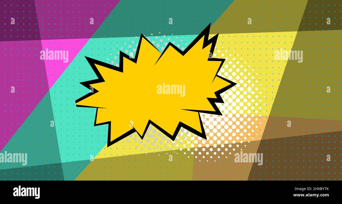 Digitales zusammengesetztes Bild einer leeren gelben Sprechblase vor mehrfarbigem Hintergrund Stockfoto