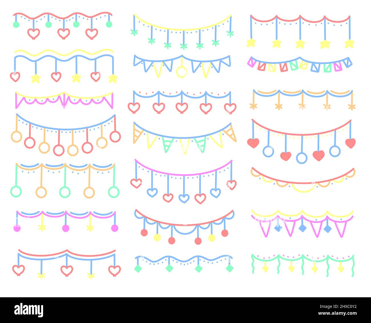 Farbenfrohe festliche Set mit Strapazen und Girlanden im Doodle-Stil. Kollektion handgefertigte Weihnachtsdekorationen. Hängen Dekoration Baby Urlaub isoliert Vektor illustrat Stock Vektor