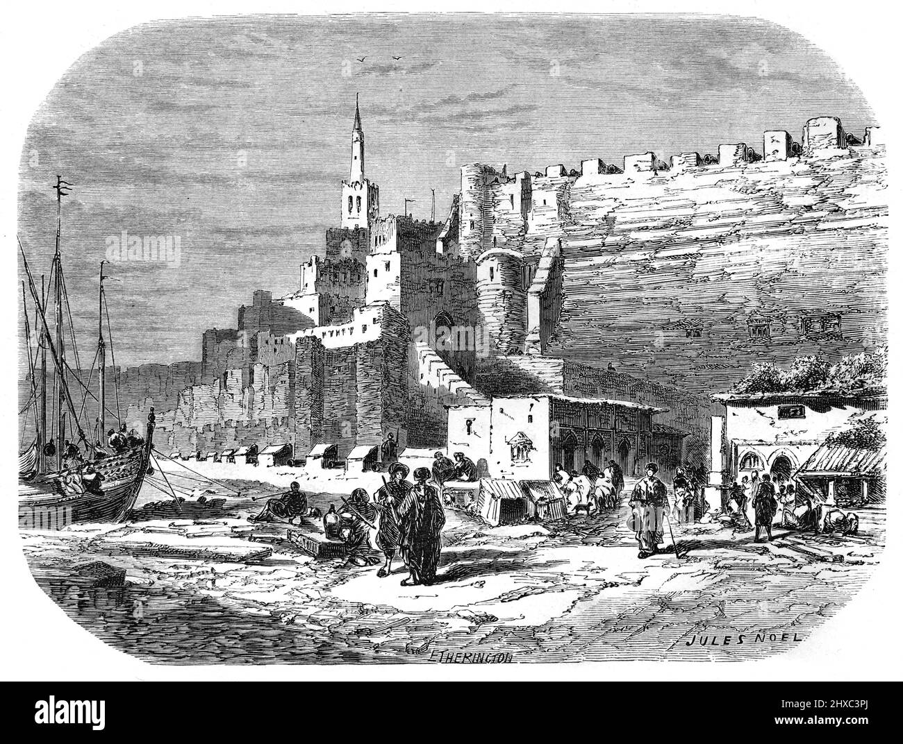 Am Wasser, Hafen, Hafen, Stadtmauern & die Altstadt oder das historische Viertel Tanger Marokko. Vintage Illustration oder Gravur 1860 Stockfoto