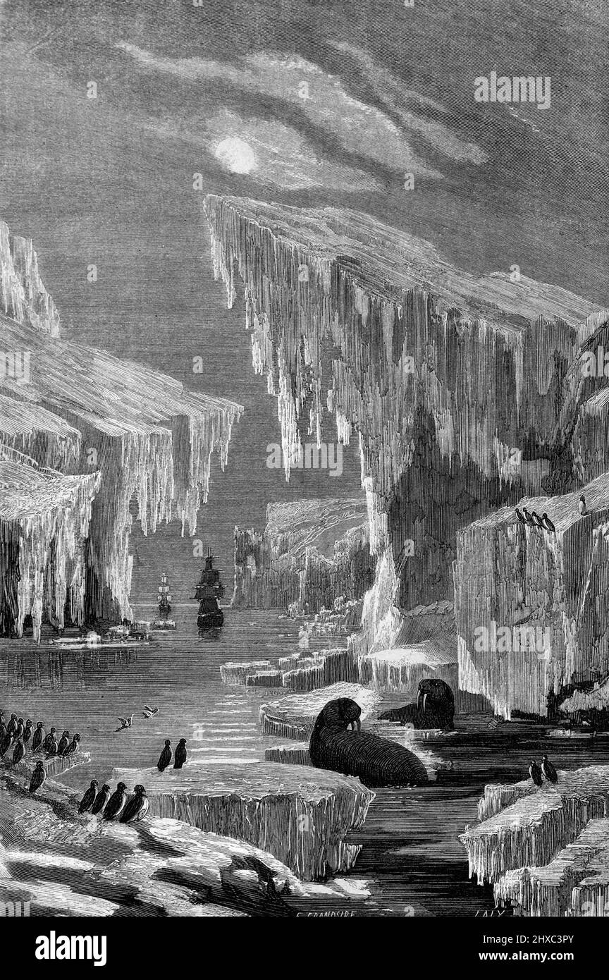 HMS Erebe Ship und HMS Terror auf der unglücklichen Franklin Expedition (1845-1848) oder Franklin's Lost Expedition in die kanadische Arktis. Vintage Illustration oder Gravur 1860. Stockfoto