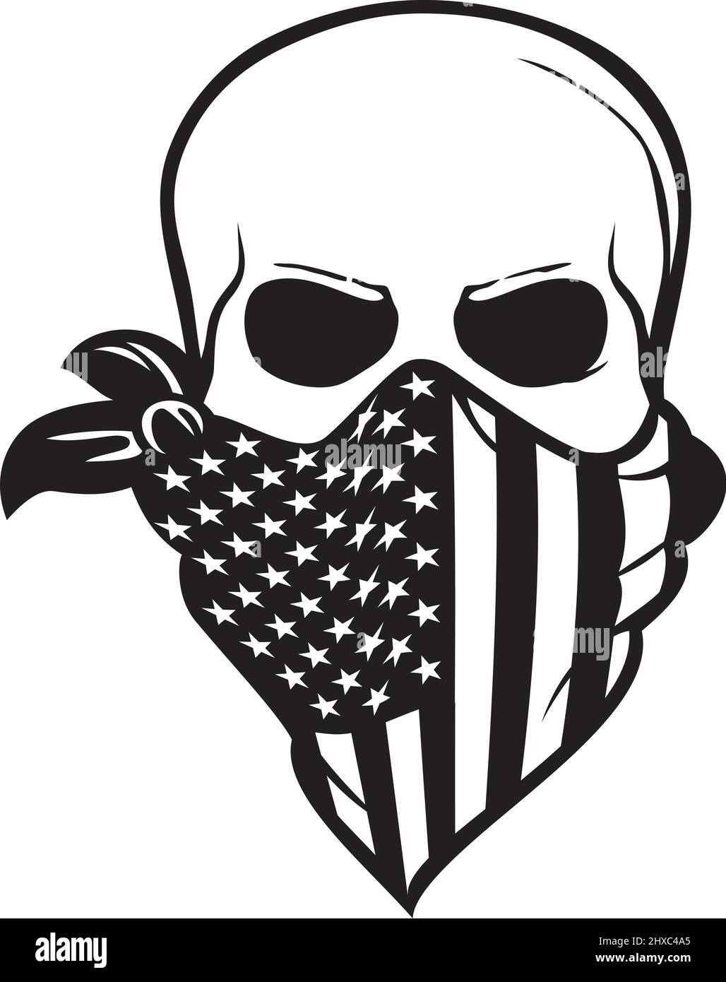 Menschlicher Schädel mit American Flag Bandana schwarz und weiß. Vektorgrafik. Stock Vektor