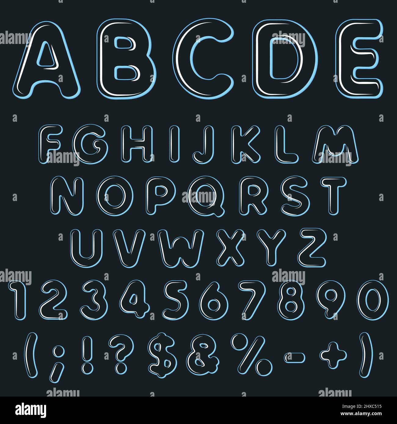 Alphabet, Buchstaben, Zahlen und Schilder aus transparenter Luft, aufblasbare Luftballons. Isolierte Vektorobjekte auf schwarzem Hintergrund. Stock Vektor