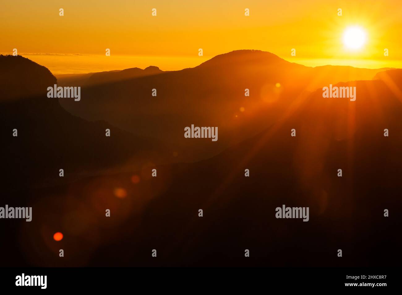 Sonnenaufgang über dem Grose Valley im Blue Mountains National Park. Stockfoto