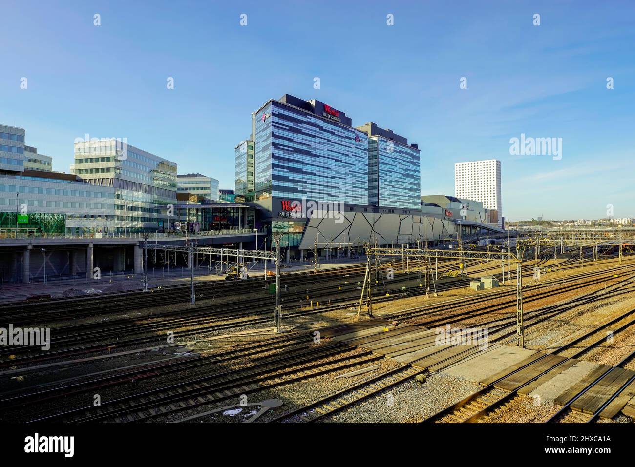 Westfield Mall of Scandinavia by Friends Arena und Quality Hotel Friends, Solna, Stockholm, Schweden. Stockfoto