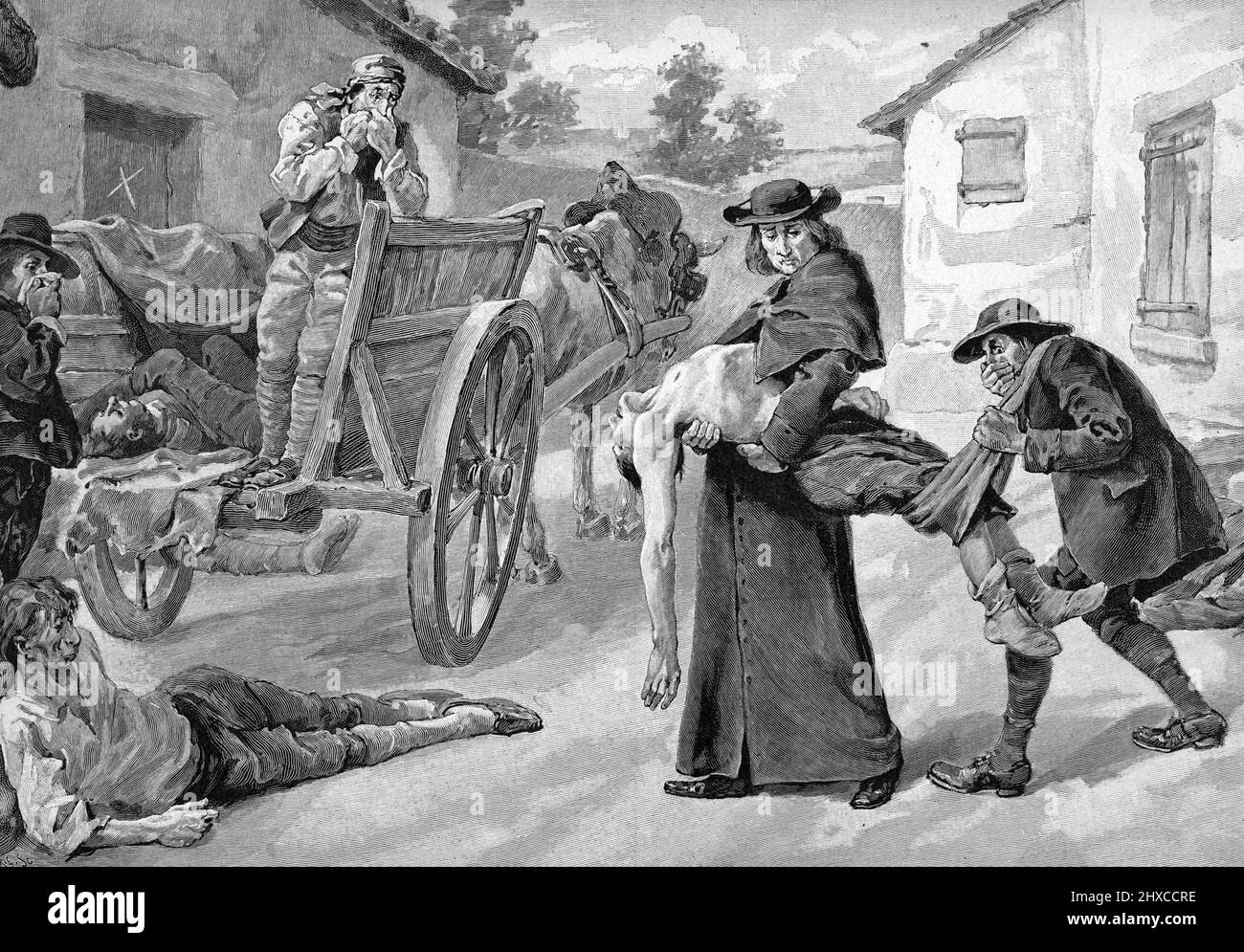 Epidemiie de peste en 1720 : l'eveque de Marseille Monseigneur de Belsunce (ou de Belzunce) de Castelmoron (1670-1755) s'occupant des victimes - il aide le chevalier Roze a l'enlevement des cadavres du quartier de Tourette (große Pest von Marseille, letzter großer Ausbruch der Beulenpest in Westeuropa : Nicolas Roze und Bischof von Marseille Belsunce beaufsichtigen die Montage von Leichen für Massenbestattung) Gravure tiree de 'Sang gaulois' d'Edouard Zier 1905 Collection privee Stockfoto