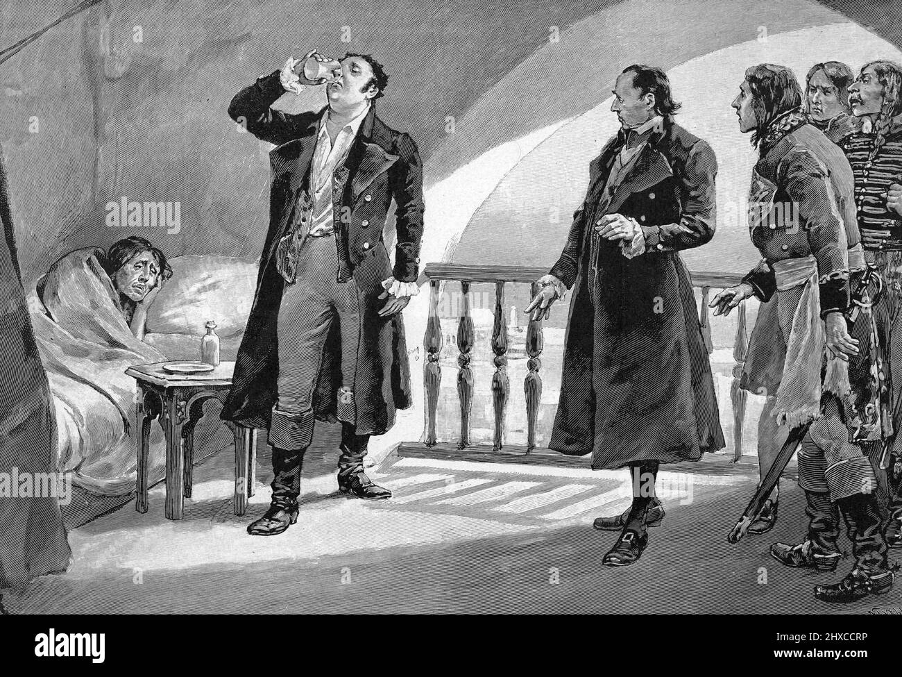 Expedition de Syrie : 'Le chirurgien de Napoleon Bonaparte Rene Nicolas Dufriche, Baron Desgenettes (1762-1837) buvant dans le verre d'un malade de la peste pour nier la maladie et remonter le Moral des troupes 1799 (Expedition nach Syrien: Napoleon Bonaparte's Chirurg Rene Nicolas Dufriche, Baron Desgenettes (1762-1837) trinkt aus dem Glas eines Pestpatienten, um die Krankheit zu leugnen und die Moral der Truppen zu stärken 1799) Gravure tiree de 'Sang gaulois' d'Edouard Zier 1905 Collection privee Stockfoto
