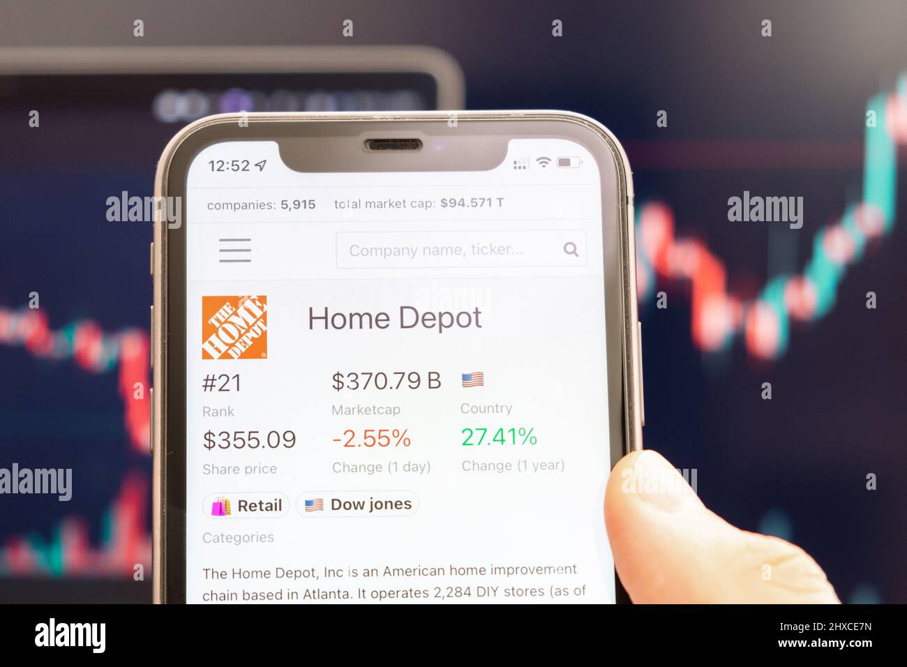 Home Depot-Logo des Aktienkurses auf dem Bildschirm des Smartphones in mans-Hand mit verändertem Trend auf dem Chart im Hintergrund, Februar 2022, San Francisco, USA. Stockfoto