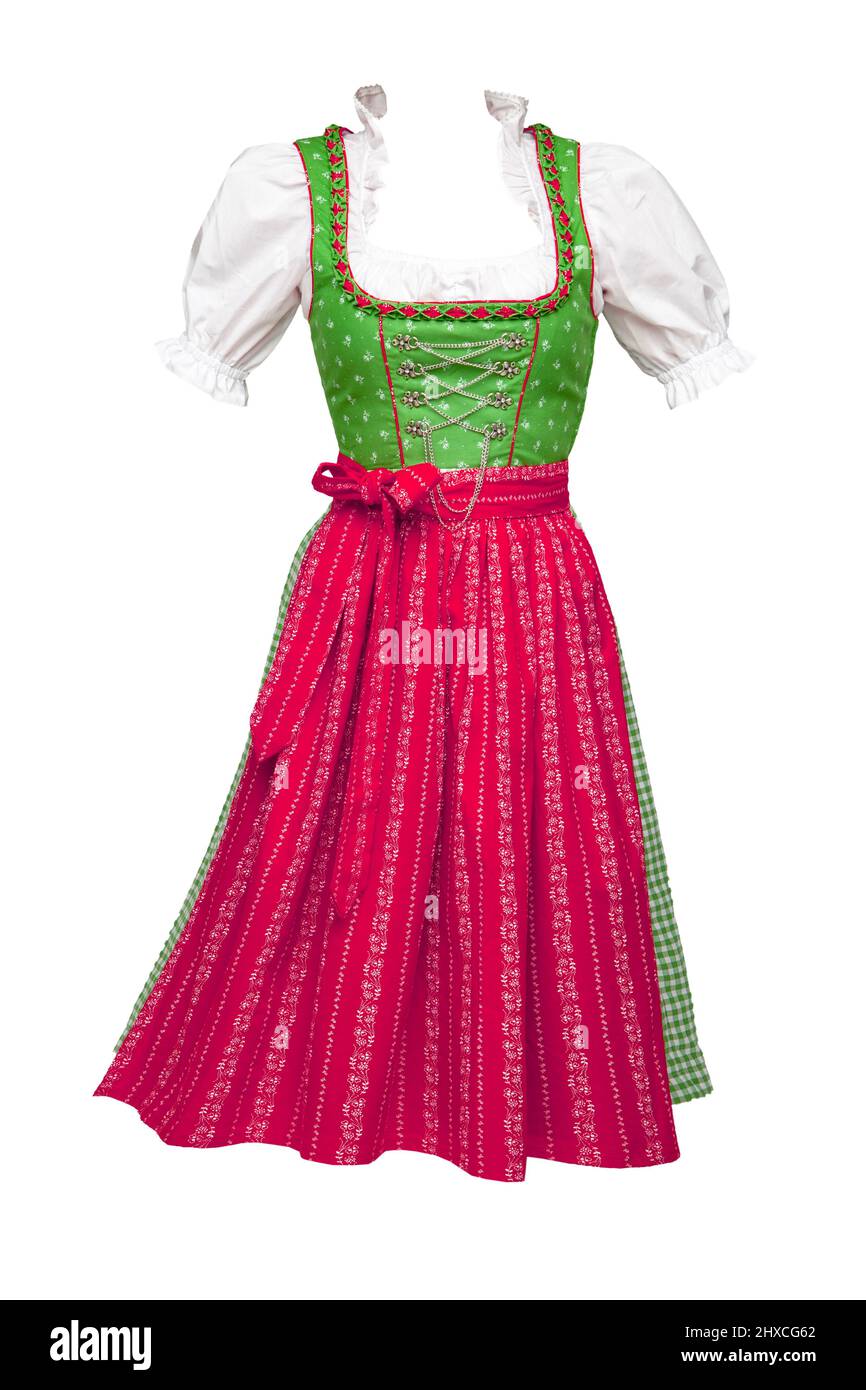 Bayerisches Drindl in roten und grünen Farben isoliert auf weißem Hintergrund Stockfoto