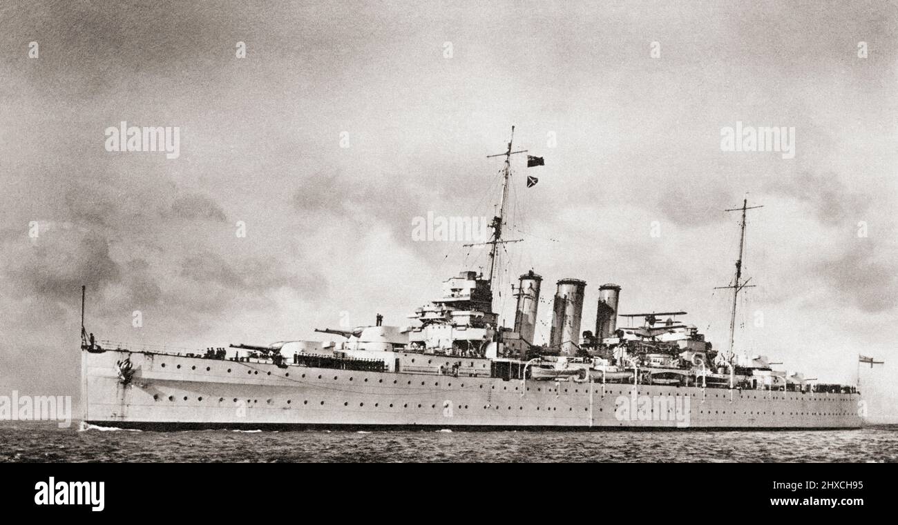 HMS London, Wimpel Nummer C69. Ein Mitglied der zweiten Gruppe der schweren Kreuzer der Royal Navy der County-Klasse. Von British Warships, veröffentlicht 1940 Stockfoto