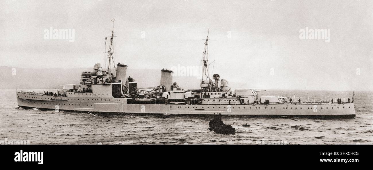 HMS Gloucester, ein Leichtschiff der Town-Klasse, der in den späten 1930er Jahren für die Royal Navy gebaut und 1941 während des Zweiten Weltkriegs von deutschen Flugzeugen versenkt wurde. Von British Warships, veröffentlicht 1940 Stockfoto