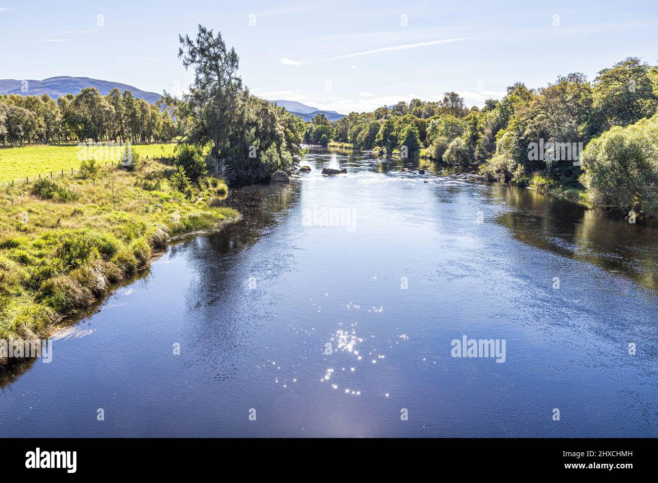 Der berühmte Fluss Spey im Boot von Garten Highland, Schottland, Großbritannien. Stockfoto