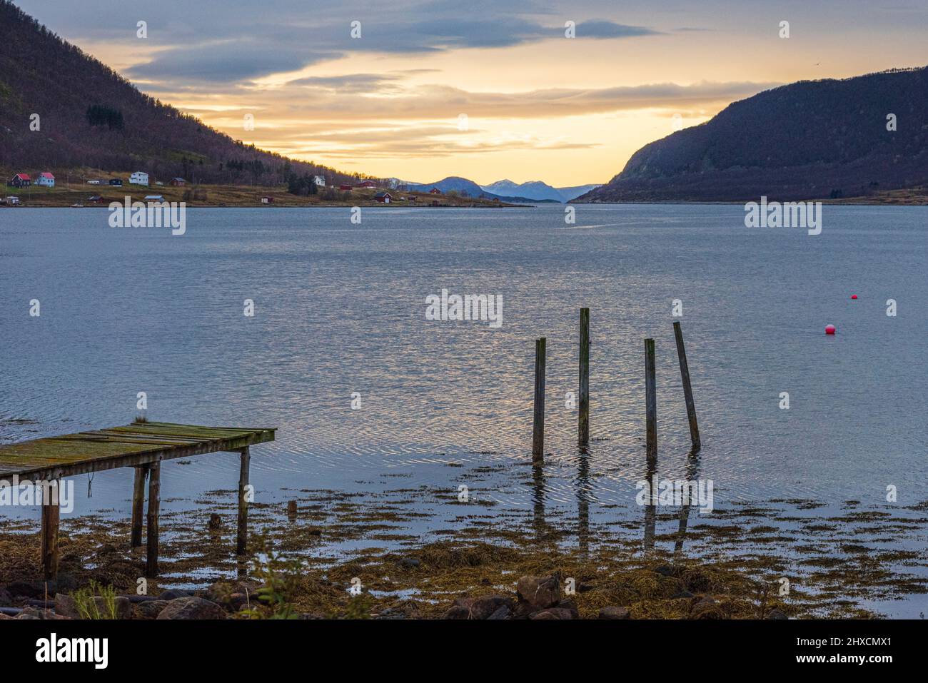 Herbsteindrücke von der norwegischen Insel Senja über dem Polarkreis, dem Gebiet um Sifjord und Medby im Westen der Insel, Holzsteg, Stockfoto