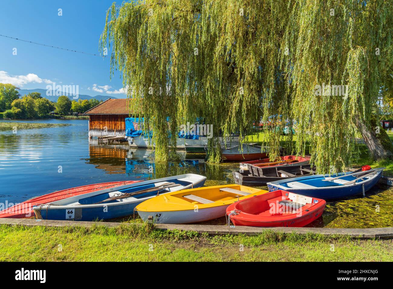 Bootshütten und Boote am Staffelsee bei Seehausen, Oberbayern, Bayern, Deutschland Stockfoto