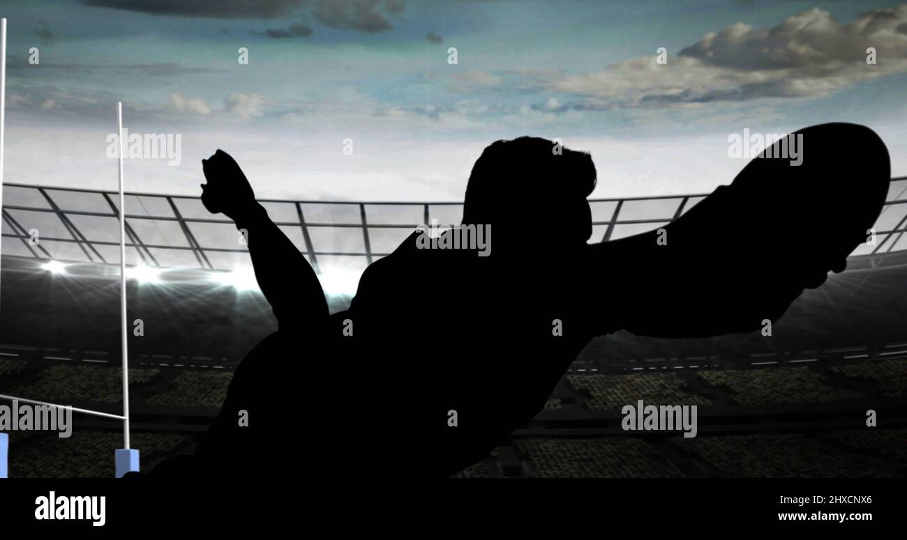 Bild von Let's Play Text mit Rugby-Spieler Silhouette im Stadion Stockfoto