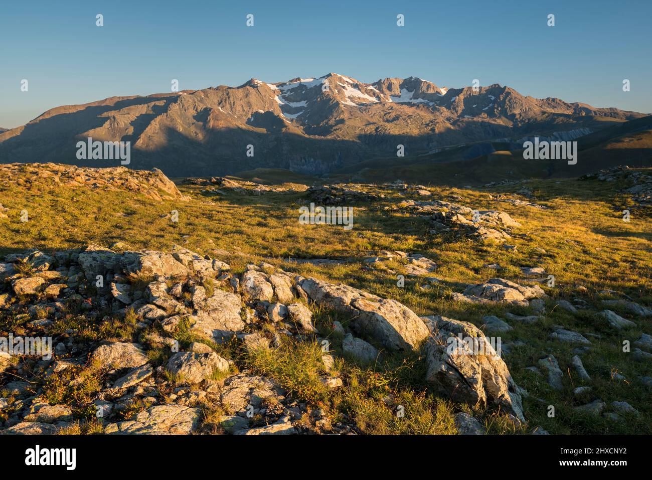 Les Grandes Rousses aus Plateau d'Emparis, Rhones Alpes, Hautes-Alpes, Frankreich Stockfoto