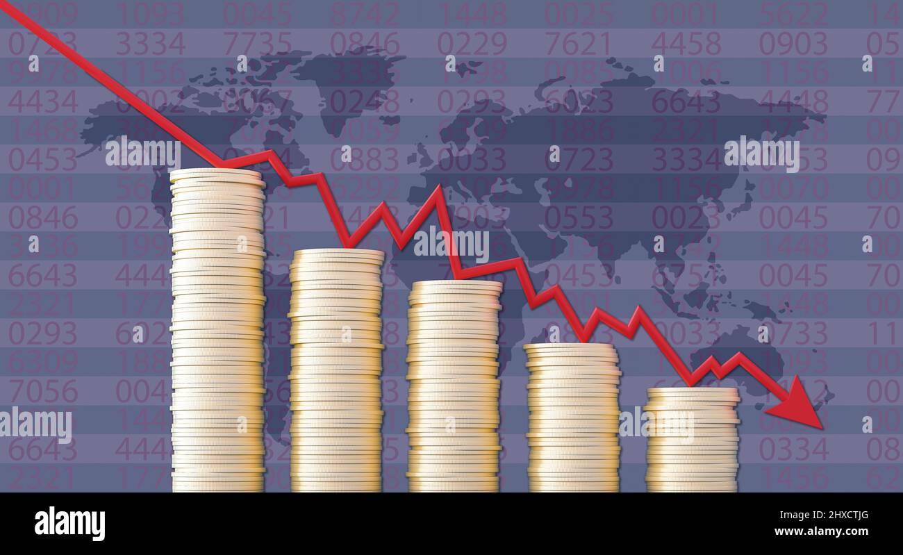 Steigende Kosten aufgrund der Finanzkrise. Aktiendiagramm fällt nach unten Geschäft globales Geldbankrott-Konzept 3D Rendering 3D Illustration Stockfoto