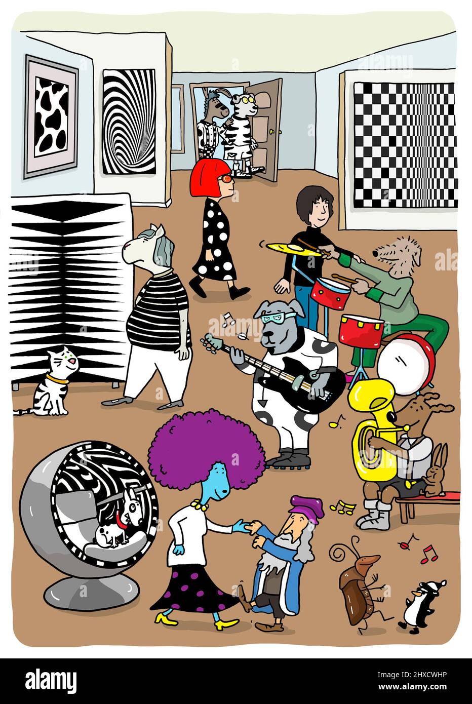 Vernissage, Galerie mit PopArt-Bildern Stockfoto