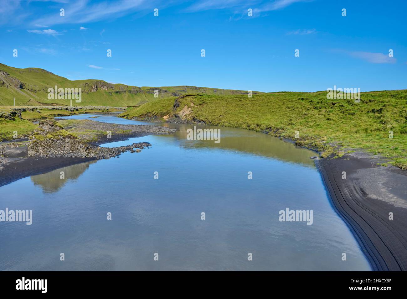 Fluss, Sommer, Kirkjubaejarklaustur, SuÃ urnes, Sudurland, Island Stockfoto