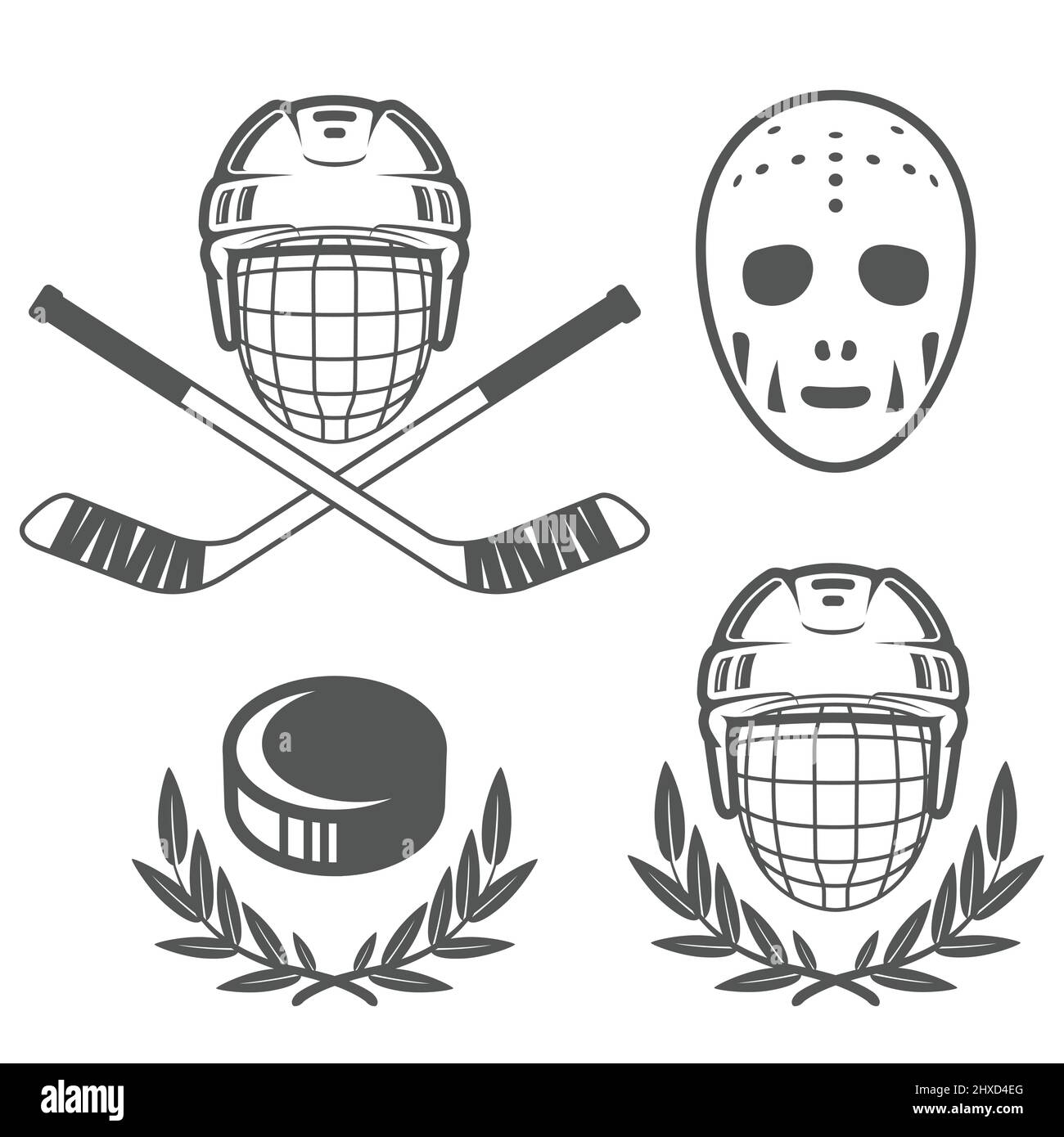 Eishockey-Insignien, Hockeyhelm und Retro-Torwartmaske, Hockey-Puck-Logos, Vektor Stock Vektor